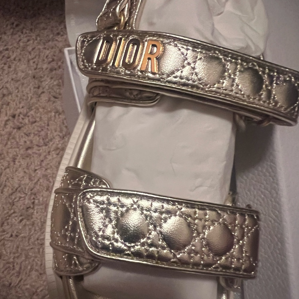 Dior Quilted Metallic Gold Leather Sandals with Logo Strap